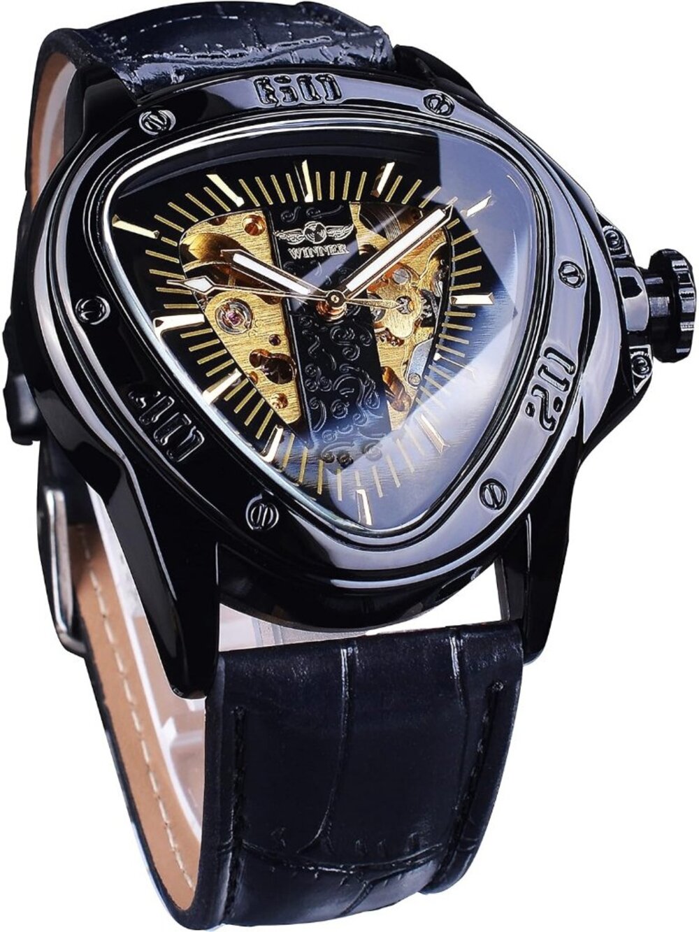 Men's Black Leather Black Triangle Racing Dial Skeleton Dial Automatic Watches